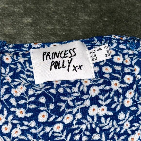Princess Polly The Sting Mini Dress Women’s 6 Blue Floral Ruffle Hem Deep V Neck - Picture 6 of 9